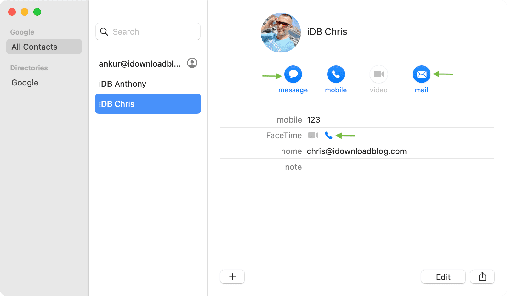 Contact in Mac Contacts app