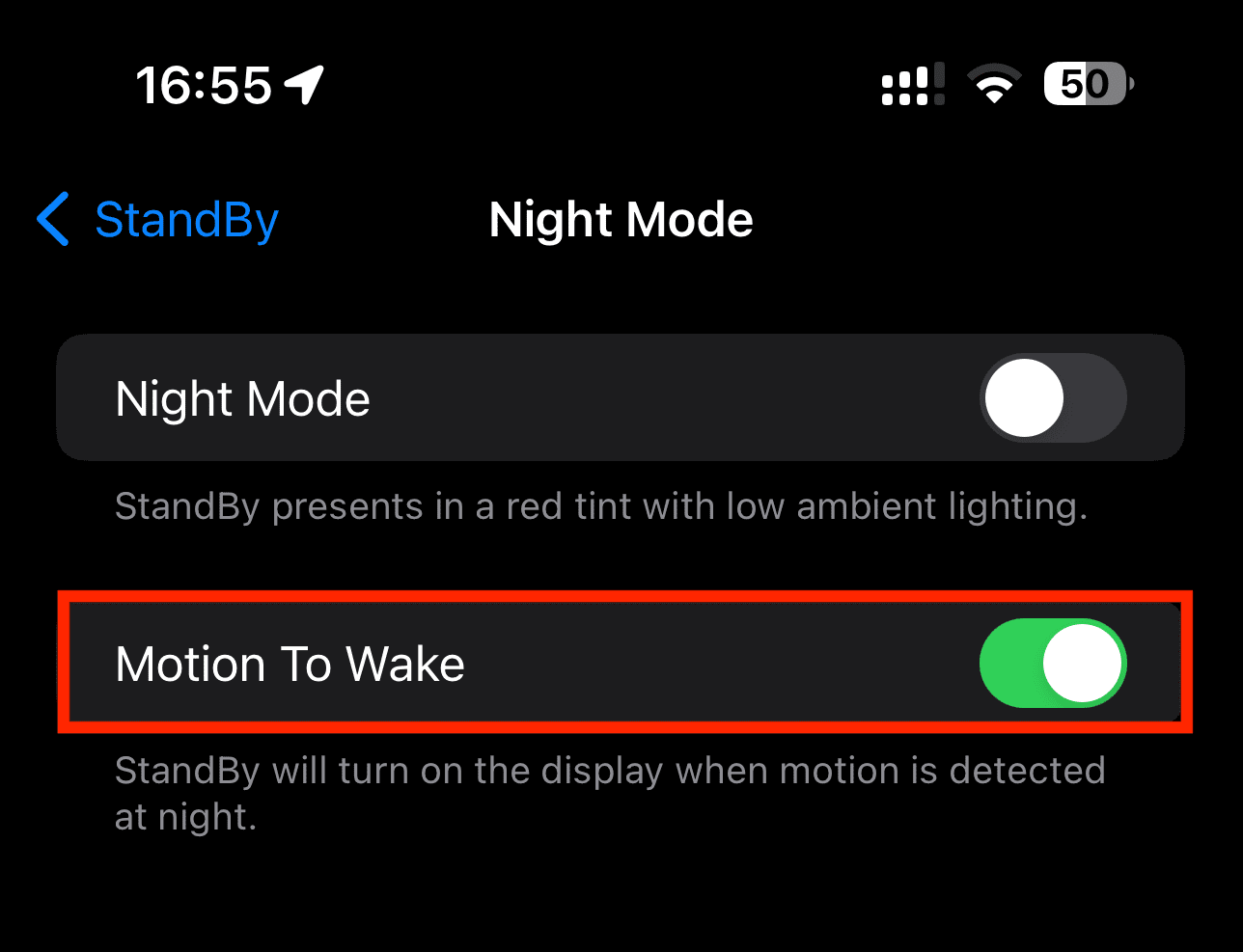 Motion To Wake in StandBy Night Mode settings on iPhone