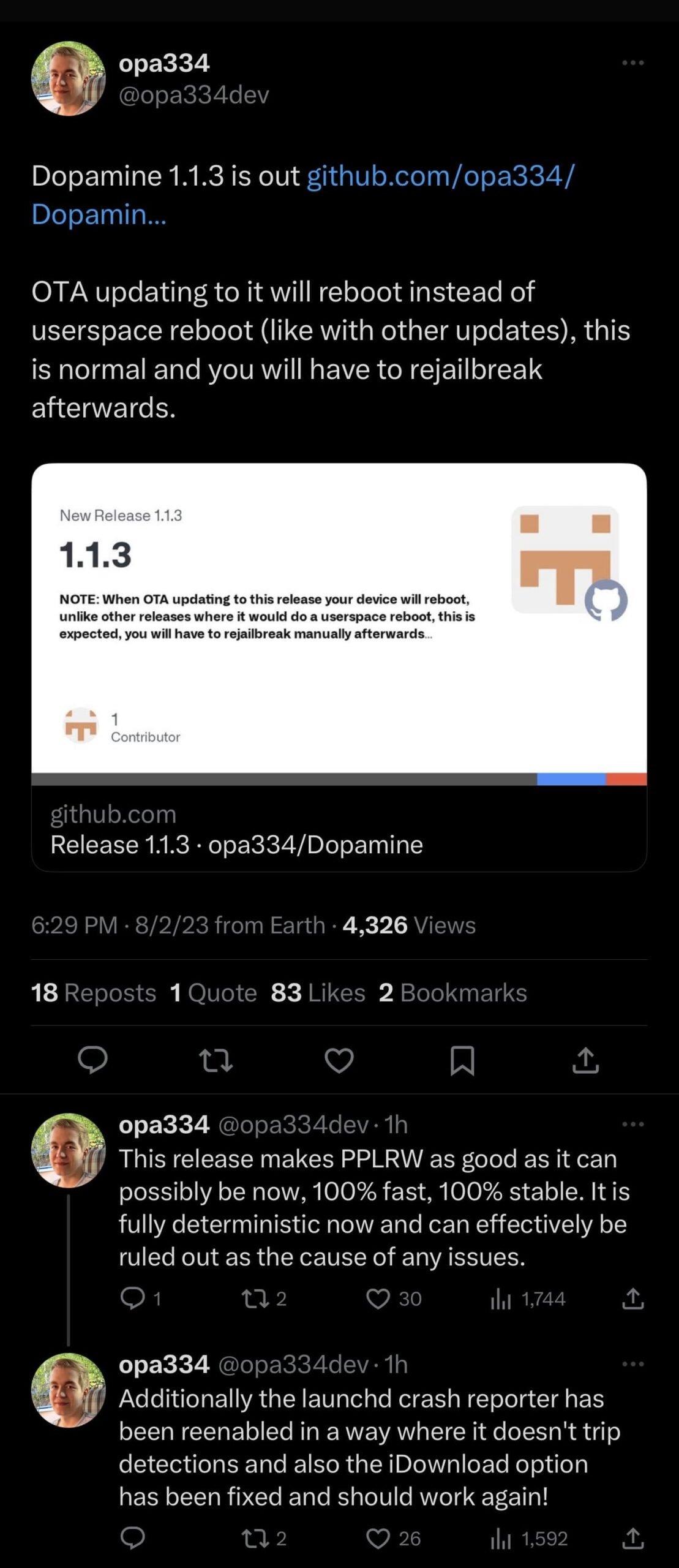 Dopamine jailbreak updated to version 1.1.3 with several under-the-hood improvements
