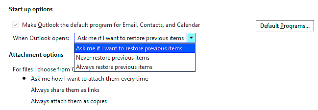 Outlook restore windows option