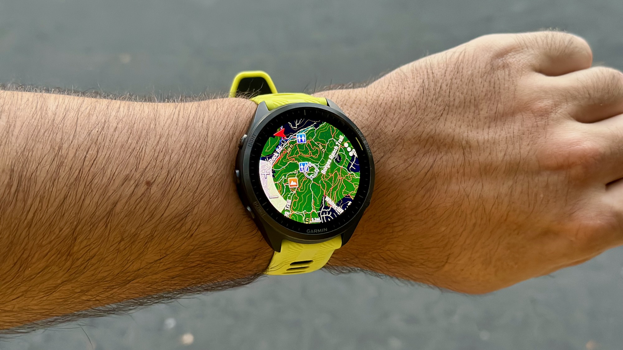 A topographical map of a nearby park on the Garmin Forerunner 965