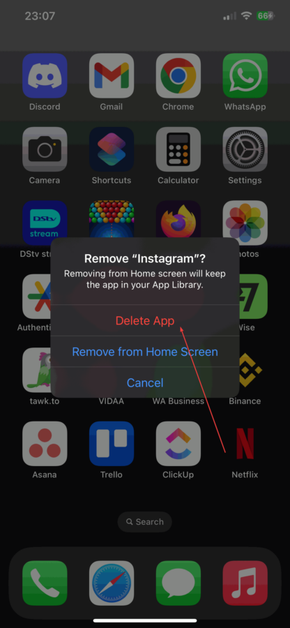 Press the Delete app option.