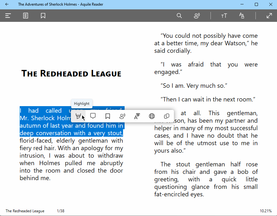 Aquile Reader text options in book
