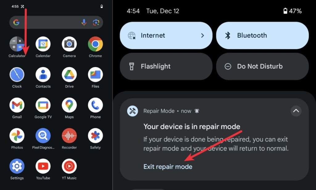 Exit Repair Mode from Notification shade