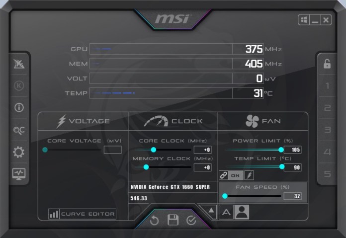Screenshot of MSI Afterburner used to increase GPU power limit.