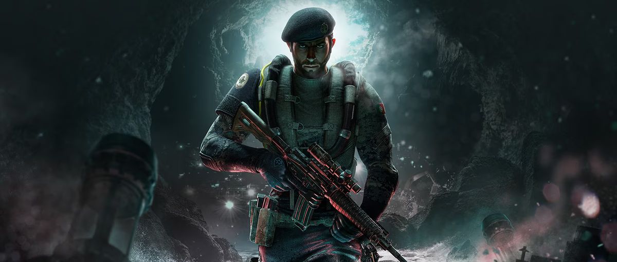 Soldier with rifle in a dark, icy cave setting.