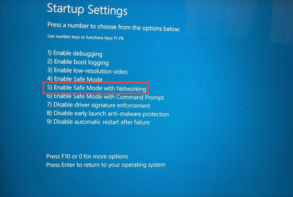 Press F5 to enable Safe Mode with Networking
