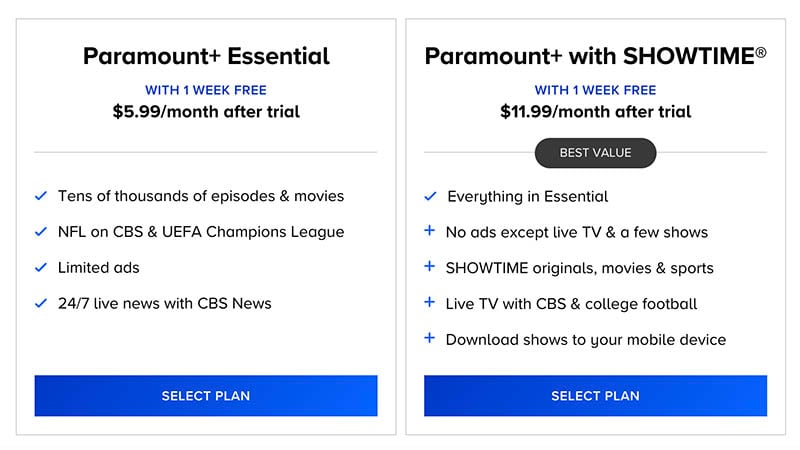 Paramount+ plan options