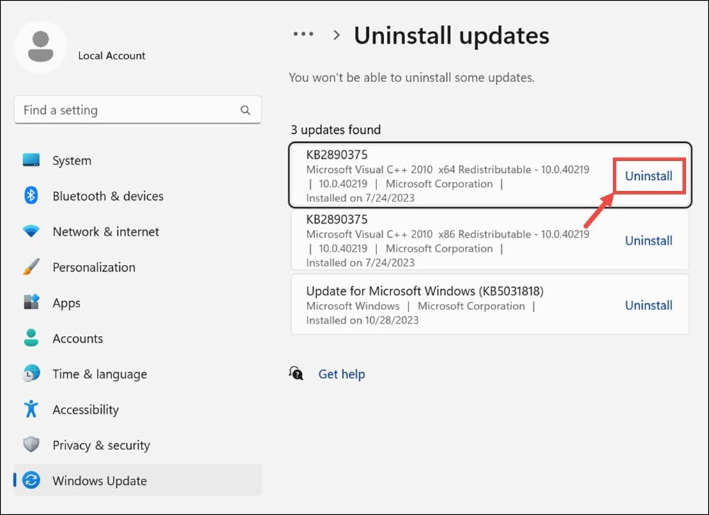 Uninstall a Windows update
