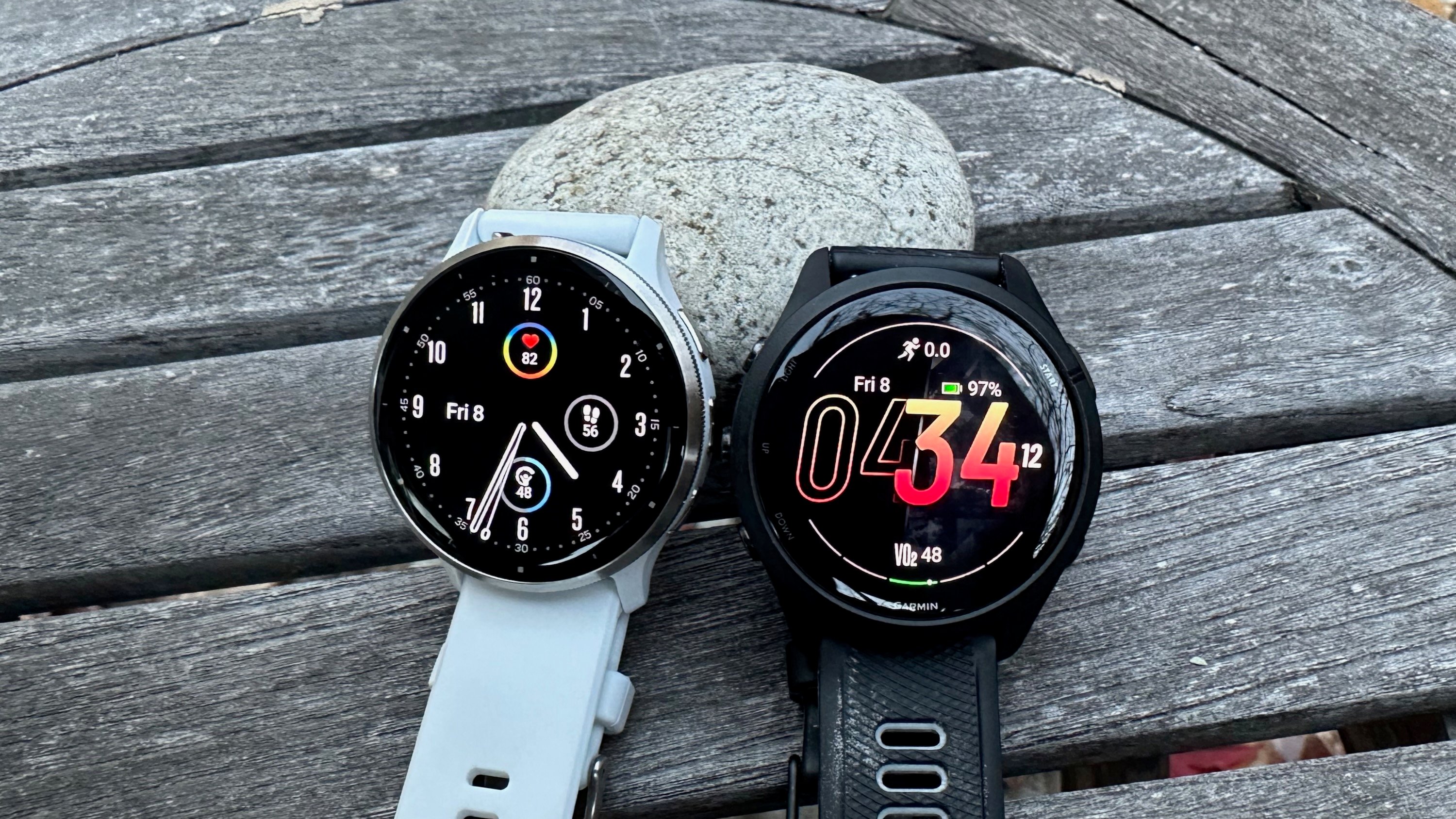 The Garmin Venu 3 (left) and Forerunner 265 (right) side-by-side