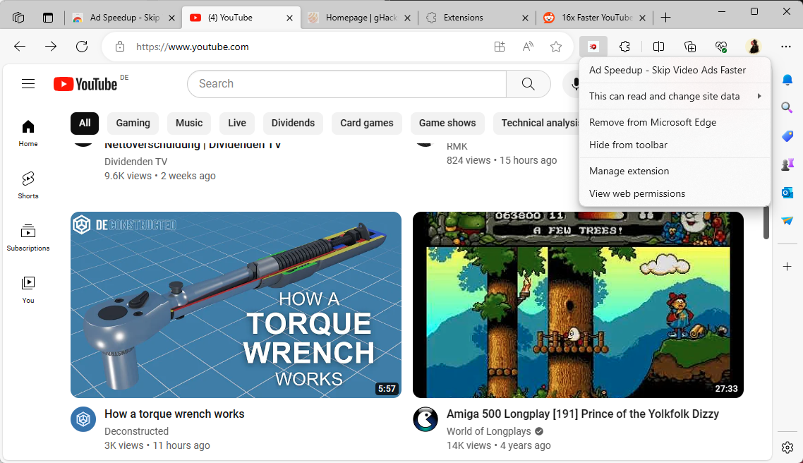 Screenshot of YouTube interface with educational and gaming videos.