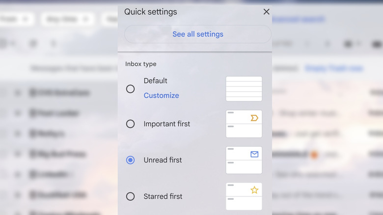Gmail desktop quick settings panel