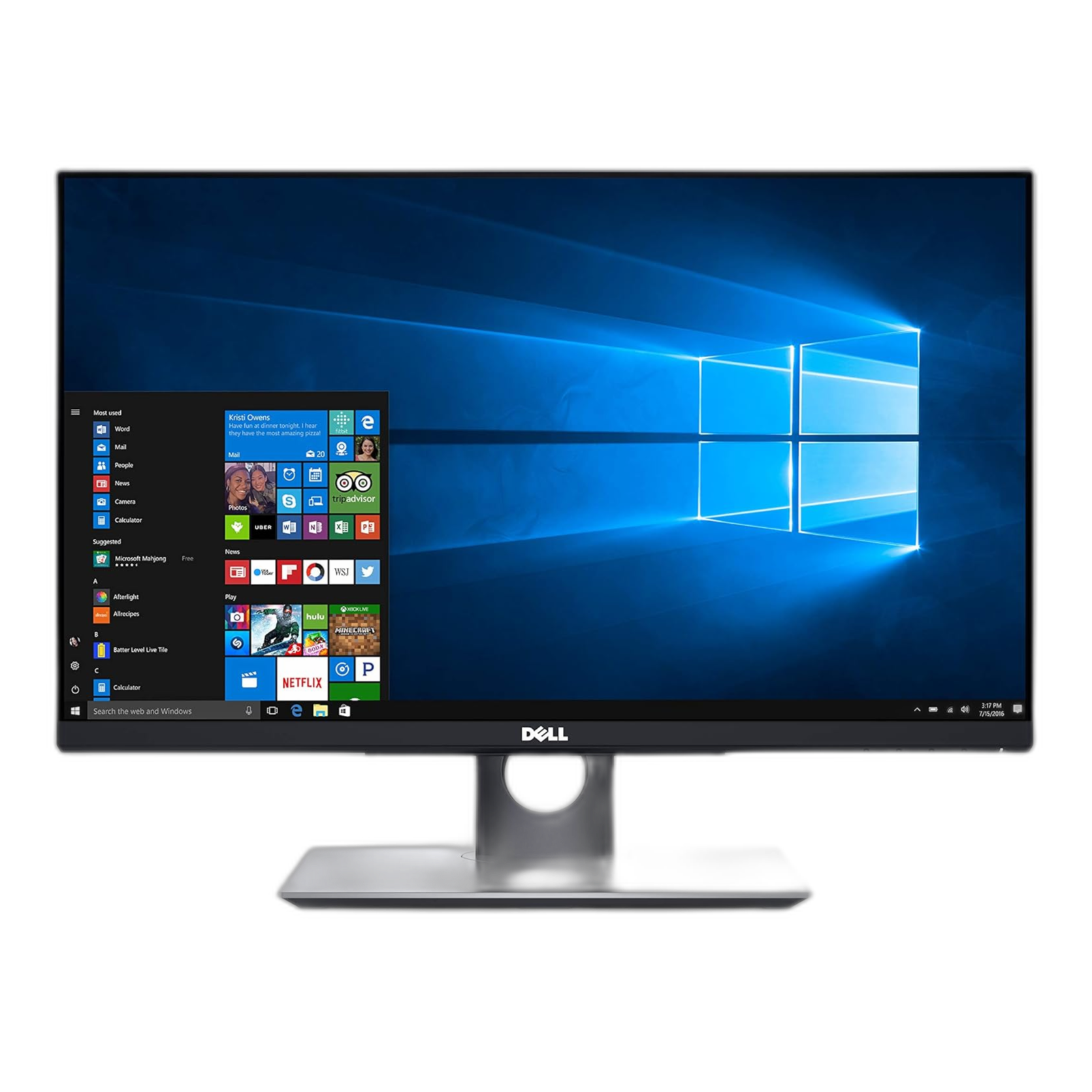 Dell P2418HT 23.8 Touch Monitor with a windows 10 start menu and a blue windows background