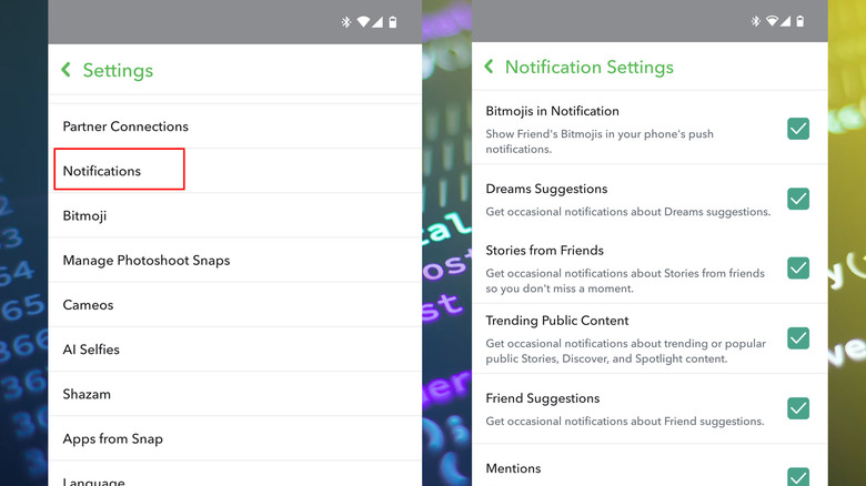 Snapchat notifications and settings menus