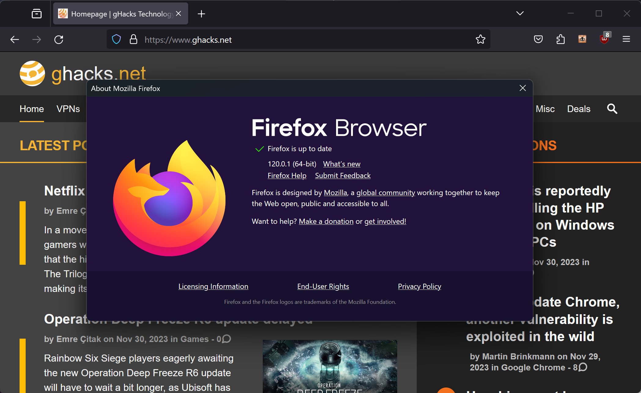 Firefox 120.0.1 update fixes issue that caused 100% CPU usage on some sites