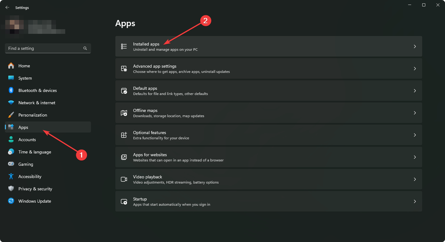 going installed apps windows settings