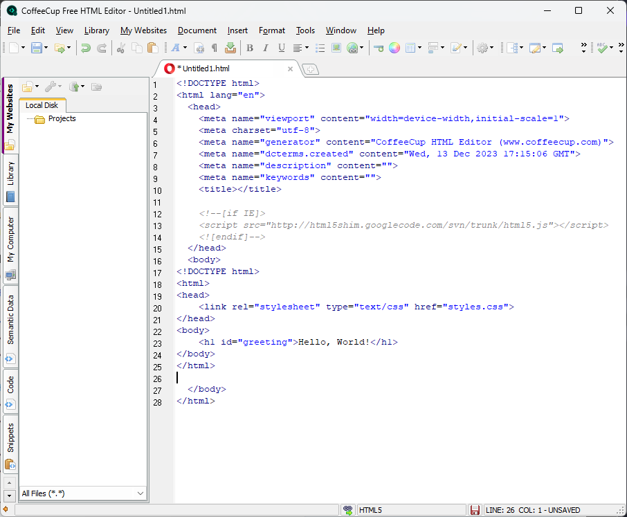 coffeecup HTML Editor code