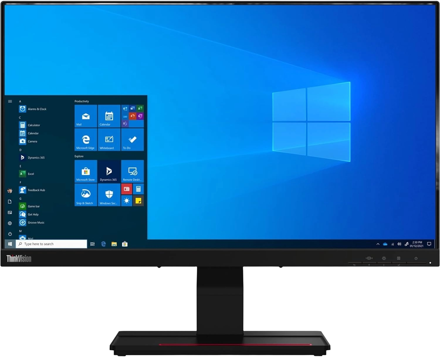 Lenovo T24t-20 monitor with blue windows 10 wallpaper and a windows 10 start menu.