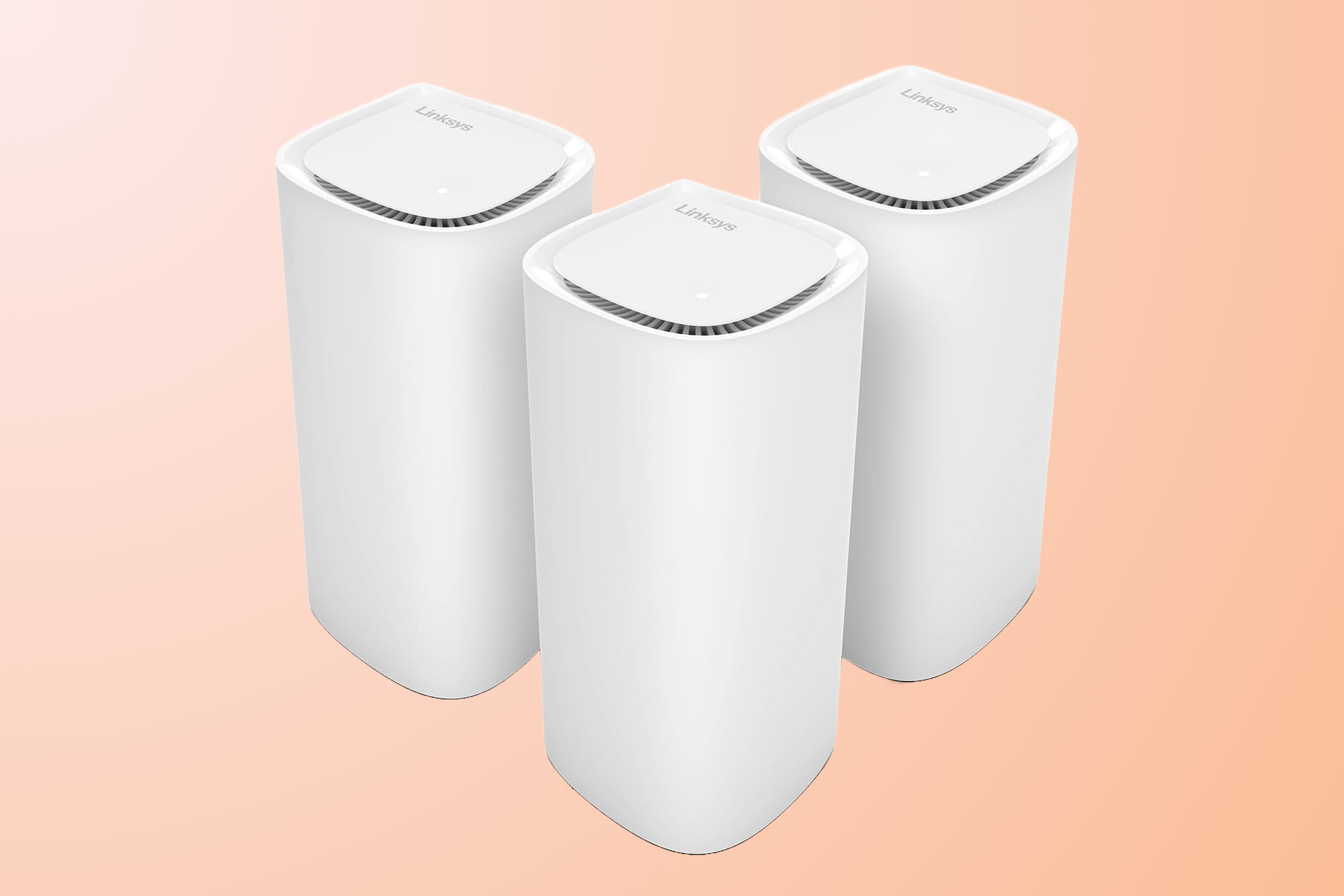 Linksys Velop Pro 7 mesh router on a peach background