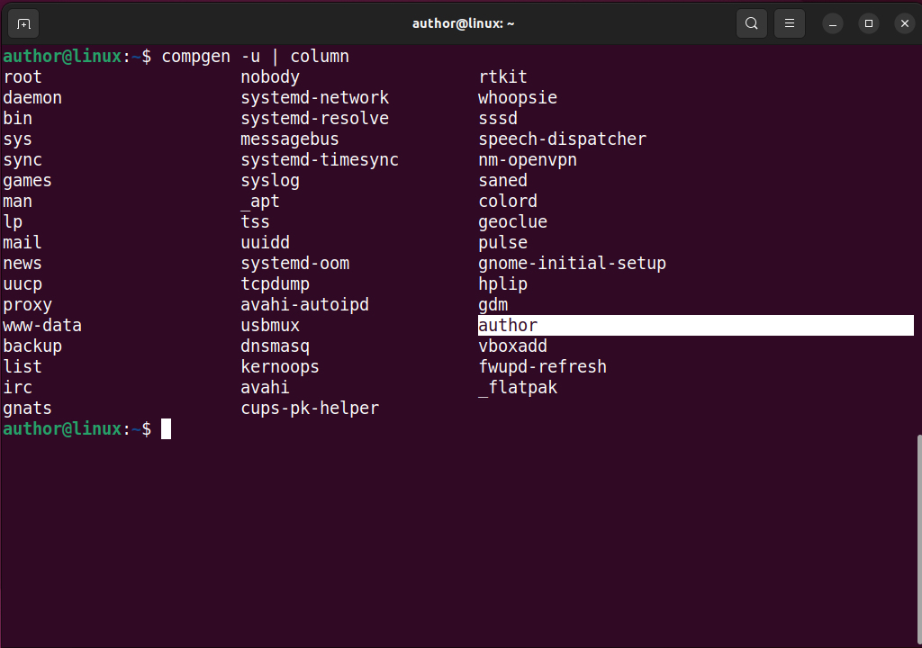 listing ubuntu users with compgen command