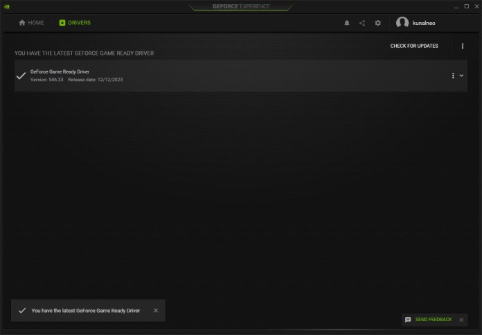 A screenshot of the Nvidia GeForce Experience software checking for driver updates.