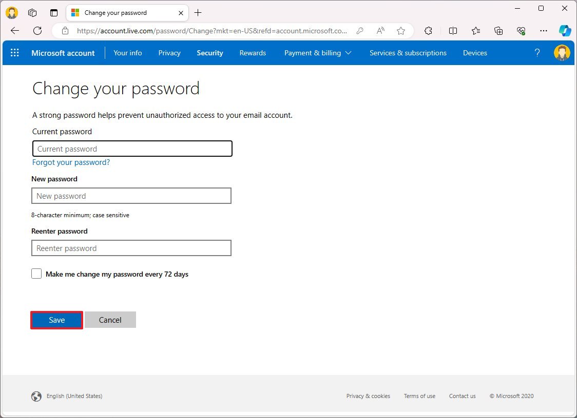 Microsoft Account change password on Windows 11