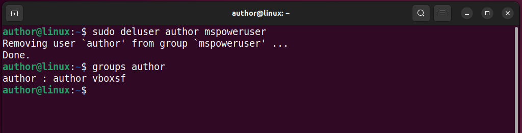 removing user from group using deluser command on linux