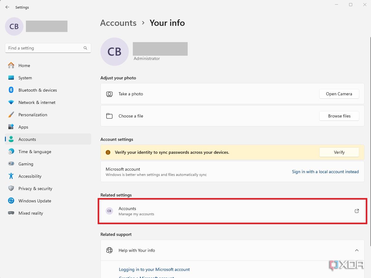 Manage my accounts under accounts in settings