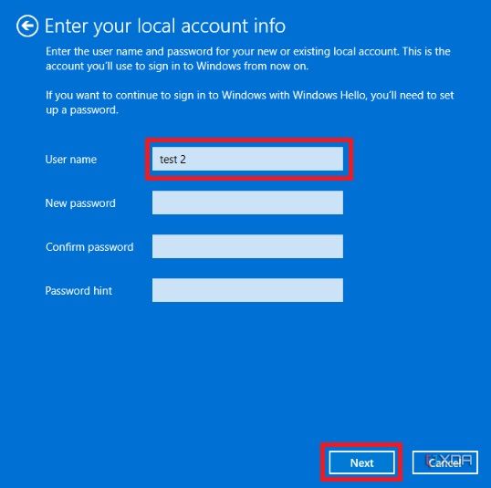 Windows 11 Settings Menu - choose username and password for new local account