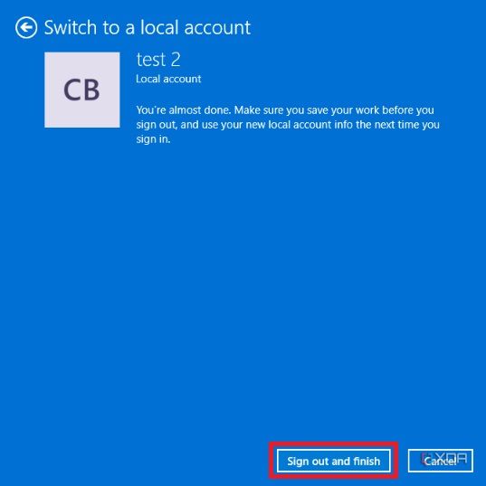 Windows 11 Settings Menu - sign out and finish switch from Microsoft to a local account