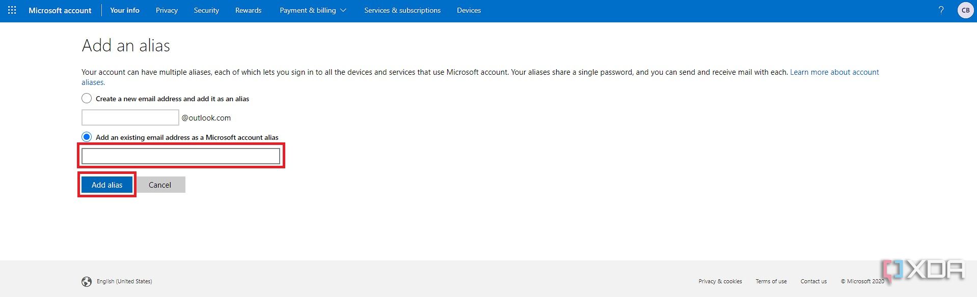 Add an alias email address to Microsoft account