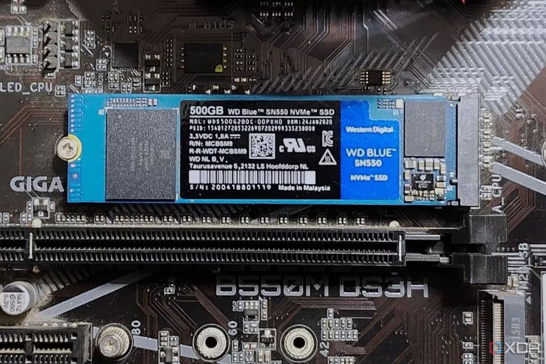 An image showing the WD Blue SN550 M.2 SSD installed on a motherboard.