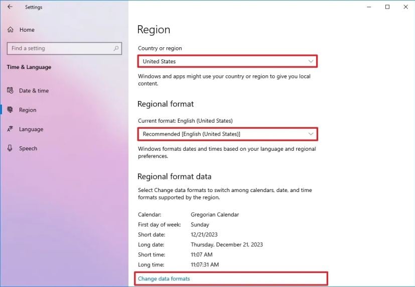 Regional data formats on Windows 10
