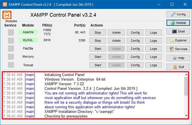 XAMPP Control Panel logs