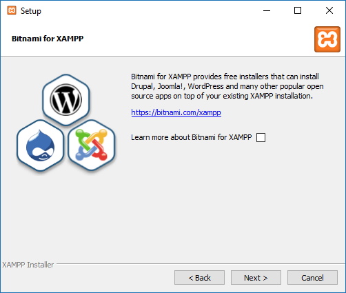 XAMPP installation wizard on Windows 10