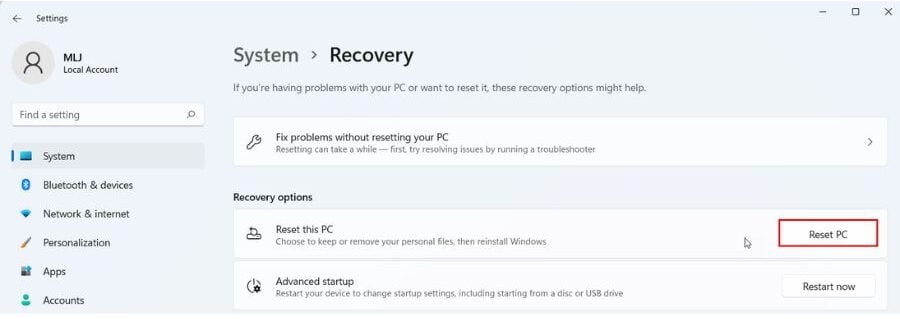Windows 11 Recovery Page