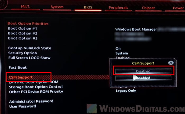 Disable CSM Support on Gigabyte motherboard