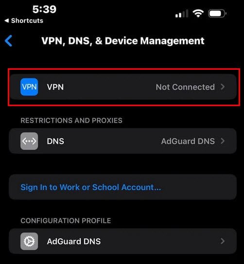 Disable VPN on iPhones