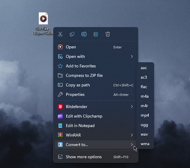 Zamzar Audio Converter right-click menu options
