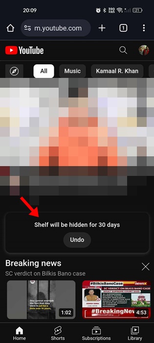 Shorts shelf will be hidden for 30 days