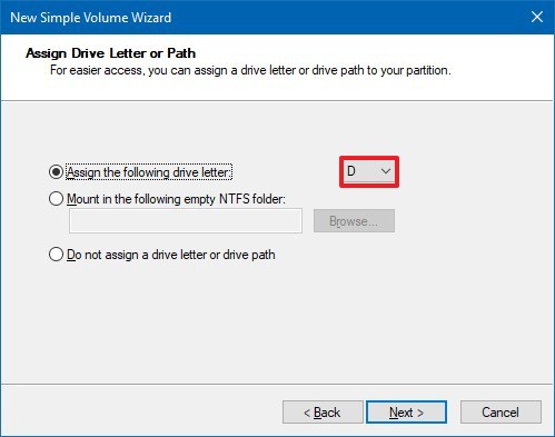 Assign drive letter to new partition on Windows 10