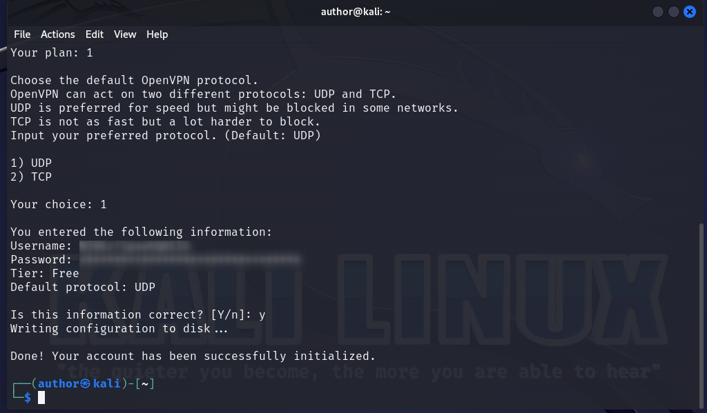 choosing the default openvpn protocol on kali linux