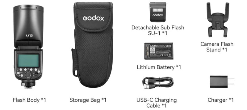 The components of the Godox V1Pro kit laid out against a white background.