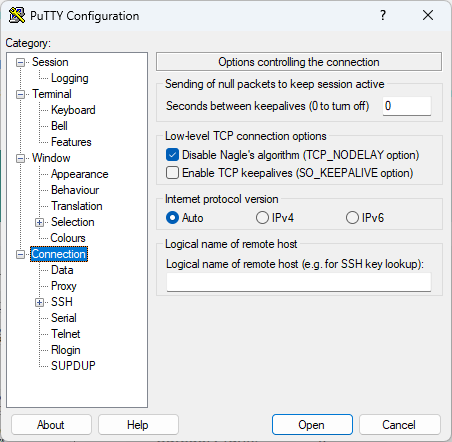 Putty connection settings