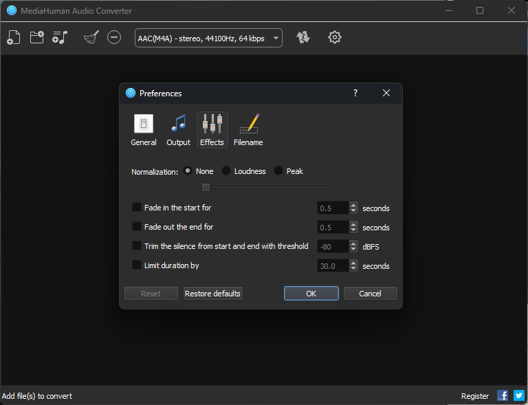 MediaHuman Audio Converter effects menu