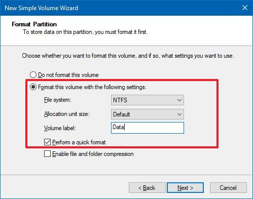 New partition format settings on Windows 10