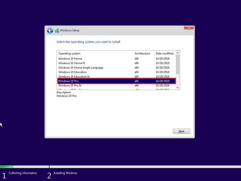 Windows 10 setup, select edition to install