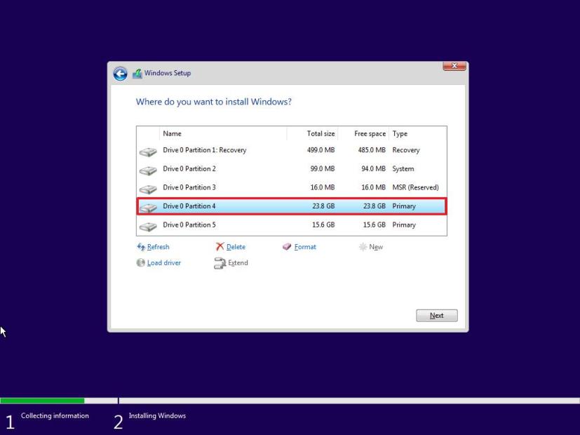 Select partition to install Windows 10