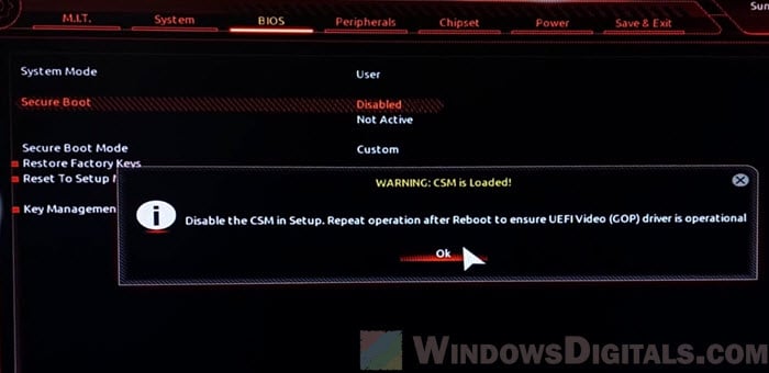 warning CSM is loaded secure boot on gigabyte motherboard