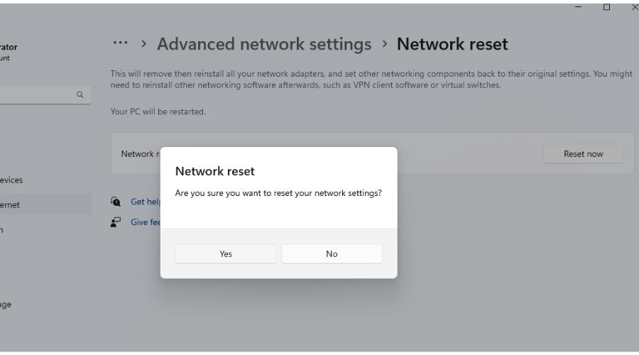 wifi option disappeared windows 11 Confirm Network Reset